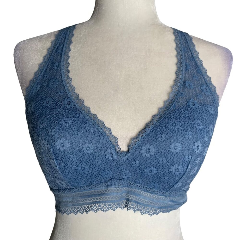 Victorias Secret Racer Back Lace Bralette M Blue Adjustable Straps Pullover